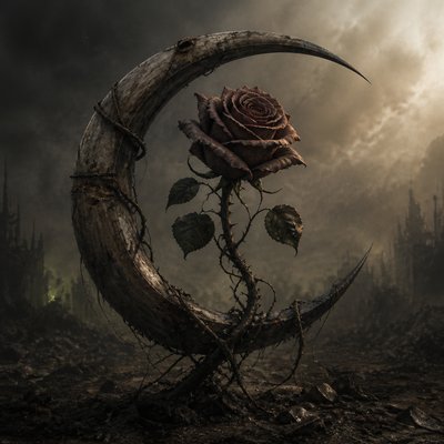 a rose entwined with a crescent moon, clean balanced composition on a plain background, no text