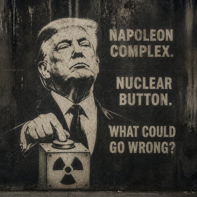 Text: Napoleon complex. Nuclear button. What could go wrong?
Image: donal Trump 