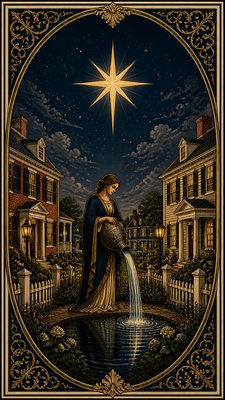 a robed figure pouring water beneath a large eight-pointed star in a night sky, symmetrical composition with an ornate decorative border, no text
