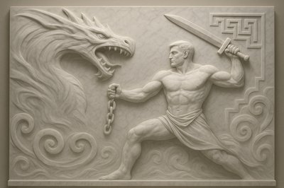 a statue of a man holding a sword and a dragon