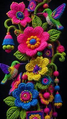 a climbing vine of flowers and hummingbirds on a dark background, tall wrapping composition, no text