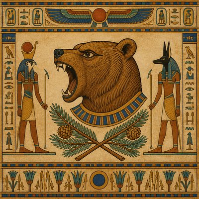 a roaring bear head above crossed pine branches, bold graphic composition on a plain background, no text