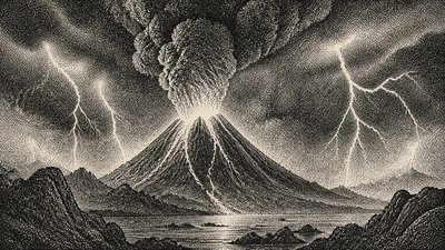 an erupting volcano with lightning strikes, dramatic wide composition, no text