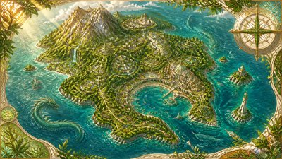 a map of an island realm with mountains, forests, a sheltered bay, sea monsters in the water and a compass rose, no text labels