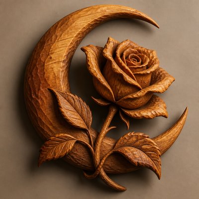 a rose entwined with a crescent moon, clean balanced composition on a plain background, no text