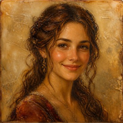 head-and-shoulders portrait of an original character: a young woman with wavy chestnut hair and a warm smile, plain soft backdrop