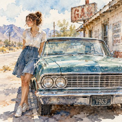 a girl is standing near old 60s  ford car