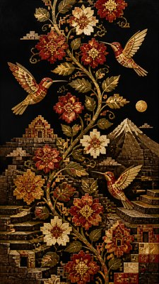 a climbing vine of flowers and hummingbirds on a dark background, tall wrapping composition, no text
