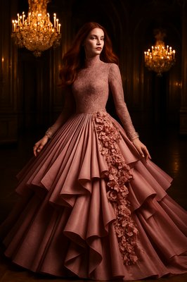 Photorealistic High Fashion Photography, Cinematic Lighting. A breathtaking woman with long, flowing, vibrant red hair cascading gracefully down her back. She is wearing a modest yet magnificent avant-garde ballroom gown in soft rose-pink.

    The dress features a high-neckline lace bodice with a sophisticated, non-transparent lining and elegant, sheer long sleeves adorned with delicate pink floral embroidery at the cuffs. The waist transitions into an extraordinary, voluminous skirt made of massive, sharp fan-like pleats and sculptural ruffled layers that create a dramatic silhouette.

    Beautiful cascading silk roses and cherry blossoms trail from the waist down the side of the structural pleats. She stands in the center of an opulent, gold-leafed grand ballroom under the glow of massive crystal chandeliers. The lighting is warm and ethereal, highlighting the shimmering textures of the fabric and the rich contrast of her red hair. High-end fashion editorial style, 8k resolution, graceful and dignified.