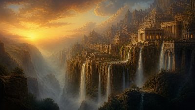 a cliffside city with waterfalls cascading into a misty canyon, wide establishing shot, no people, no text