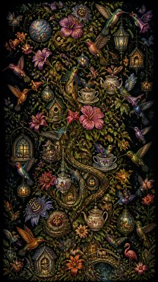 a climbing vine of flowers and hummingbirds on a dark background, tall wrapping composition, no text