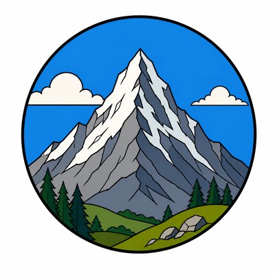 an emblem of a mountain peak inside a circle, simple bold shapes on a plain background, no text or lettering