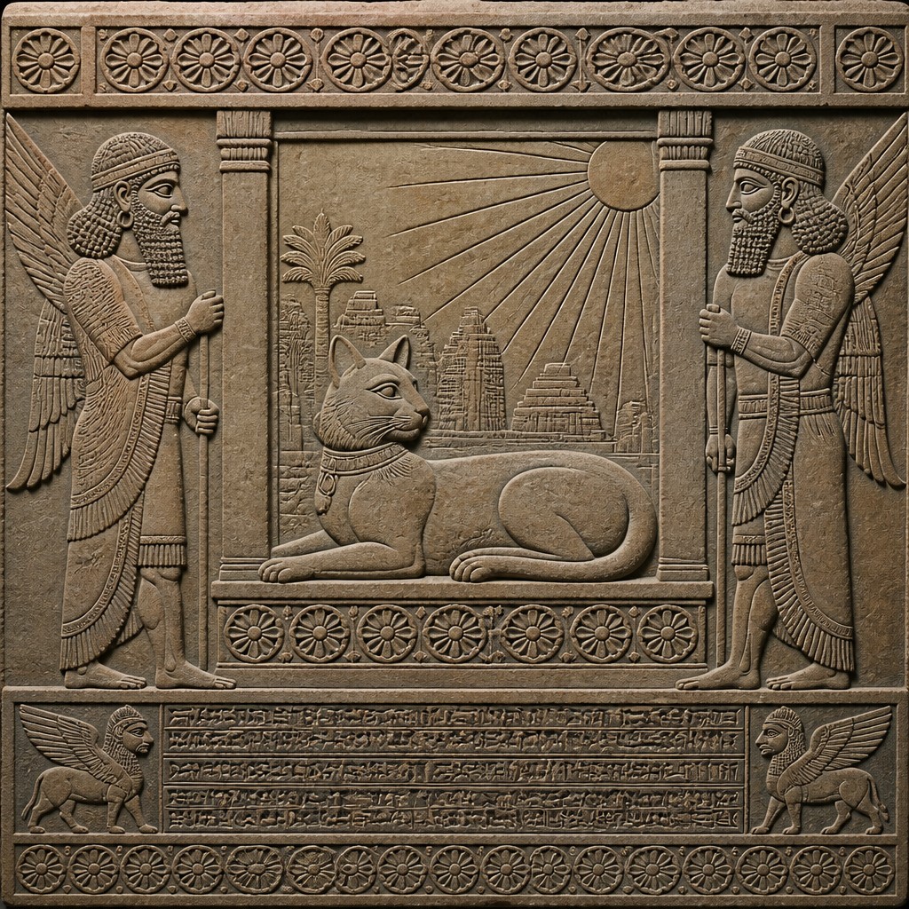 a cat lounging in a sunlit window — Mesopotamian Relief Art Style