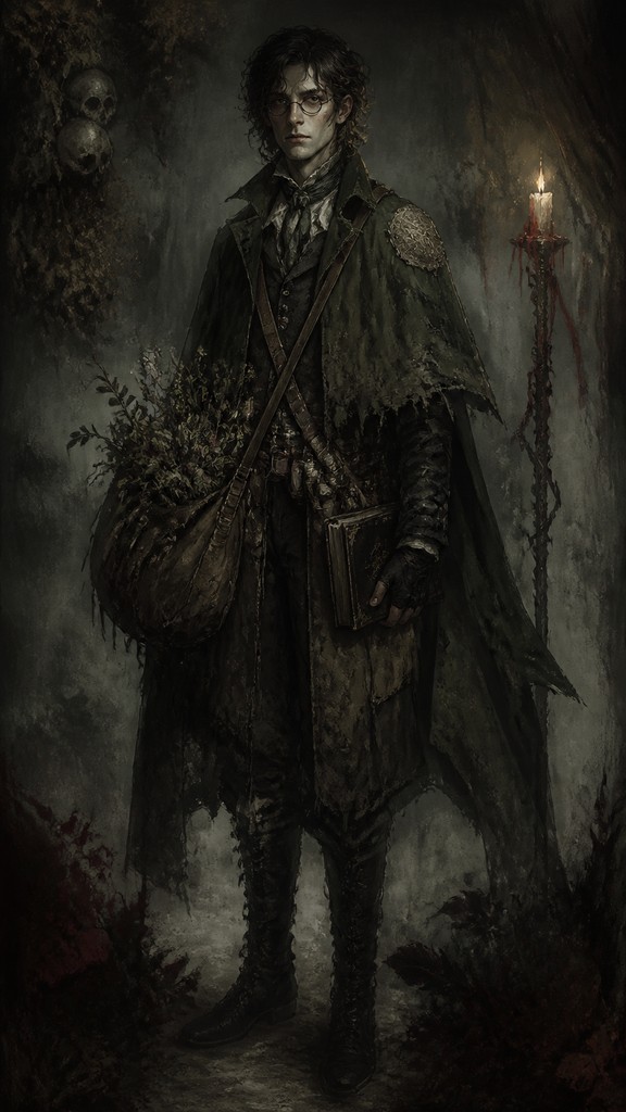 full-body original character: a wandering botanist with a satchel of plants, a patched green cloak, tall boots and round glasses, neutral background