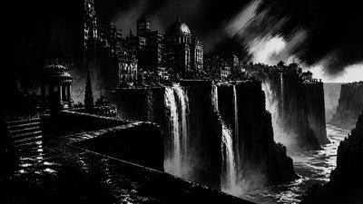 a cliffside city with waterfalls cascading into a misty canyon, wide establishing shot, no people, no text