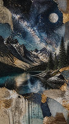 a tranquil mountain lake beneath a starry night sky, no people, no text