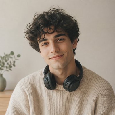 head-and-shoulders portrait of an original character: a young man with curly dark hair and headphones around his neck, plain backdrop, no text