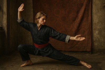a woman in a black outfit is doing a yoga pose