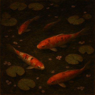 A koi pond seen from above, orange and white koi fish swimming among lily pads, clear water with subtle ripples, fallen cherry blossom petals floating on the surface, dappled sunlight
