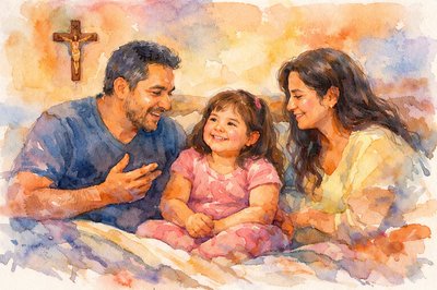 An indoor scene in at home.  A Hispanic Mom and Dad sit on the bed with their little girl, who is smiling.  The mood is warm and secure.  A small crucifix hangs near the bed.  The little girl is about 6 years old and she's chubby.  She's contented.  Dad is about to tell a story.