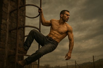 a shirtless man climbing up a metal structure