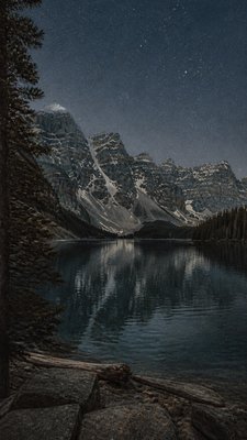 a tranquil mountain lake beneath a starry night sky, no people, no text