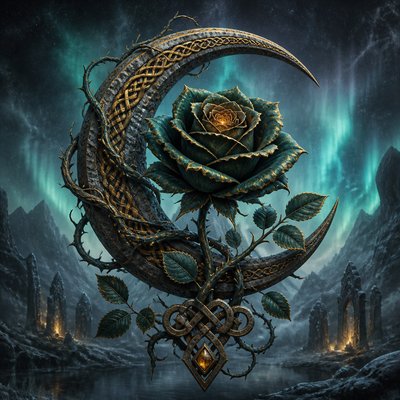 a rose entwined with a crescent moon, clean balanced composition on a plain background, no text