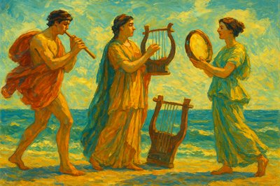 a painting of three men playing music on the beach
