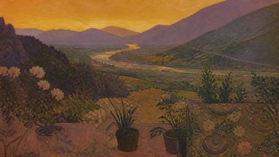 a vast valley with a river winding toward distant mountains at sunrise, no people, no text
