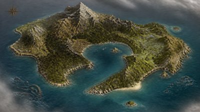 a map of an island realm with mountains, forests, a sheltered bay, sea monsters in the water and a compass rose, no text labels