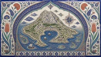 a map of an island realm with mountains, forests, a sheltered bay, sea monsters in the water and a compass rose, no text labels