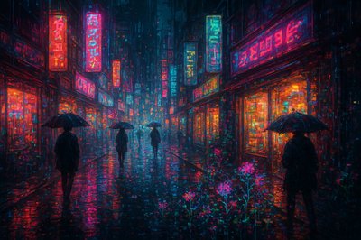 A rainy city street at night, neon signs reflecting on wet pavement, umbrellas, glowing shop windows, cinematic atmosphere