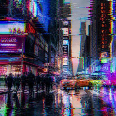 urban street with city activity — Glitch Art Style