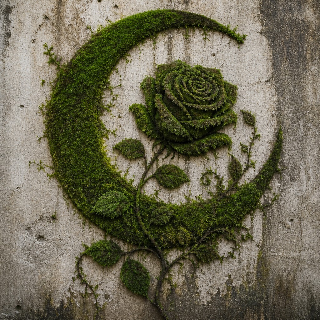 a rose entwined with a crescent moon, clean balanced composition on a plain background, no text