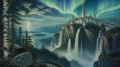 a cliffside city with waterfalls cascading into a misty canyon, wide establishing shot, no people, no text