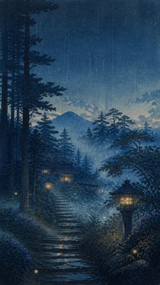 a mysterious forest path with fireflies and drifting mist, atmospheric vertical composition with open space at the top, no text