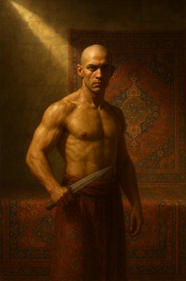 a painting of a man with a knife in his hand