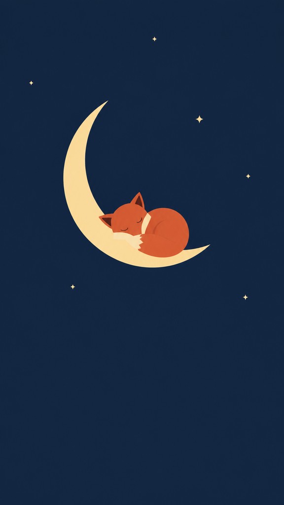 a sleeping baby fox curled on a crescent moon among soft stars, gentle and warm, no text