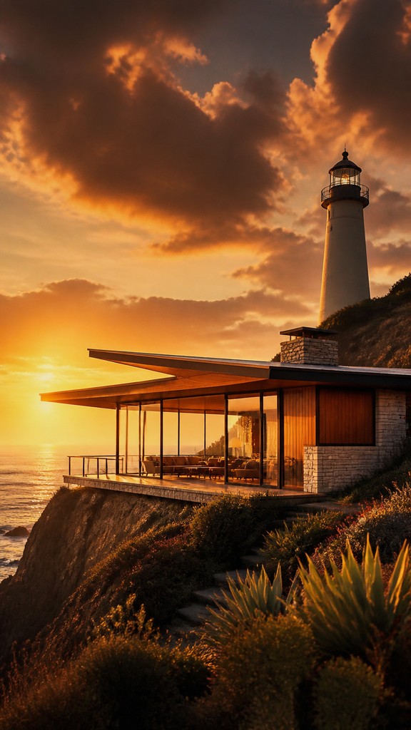 a lone lighthouse on a cliff at dusk under a dramatic sky, no text or lettering