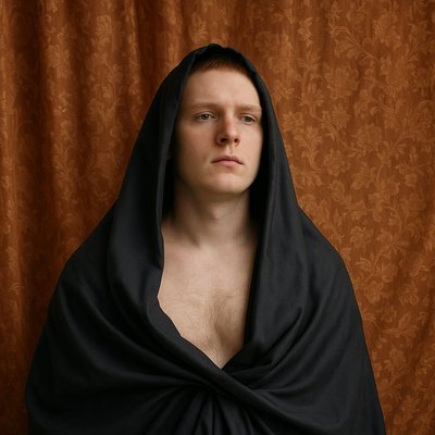 a man wearing a black shawl over his head