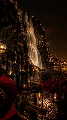 towering waterfall cascading down a cliff