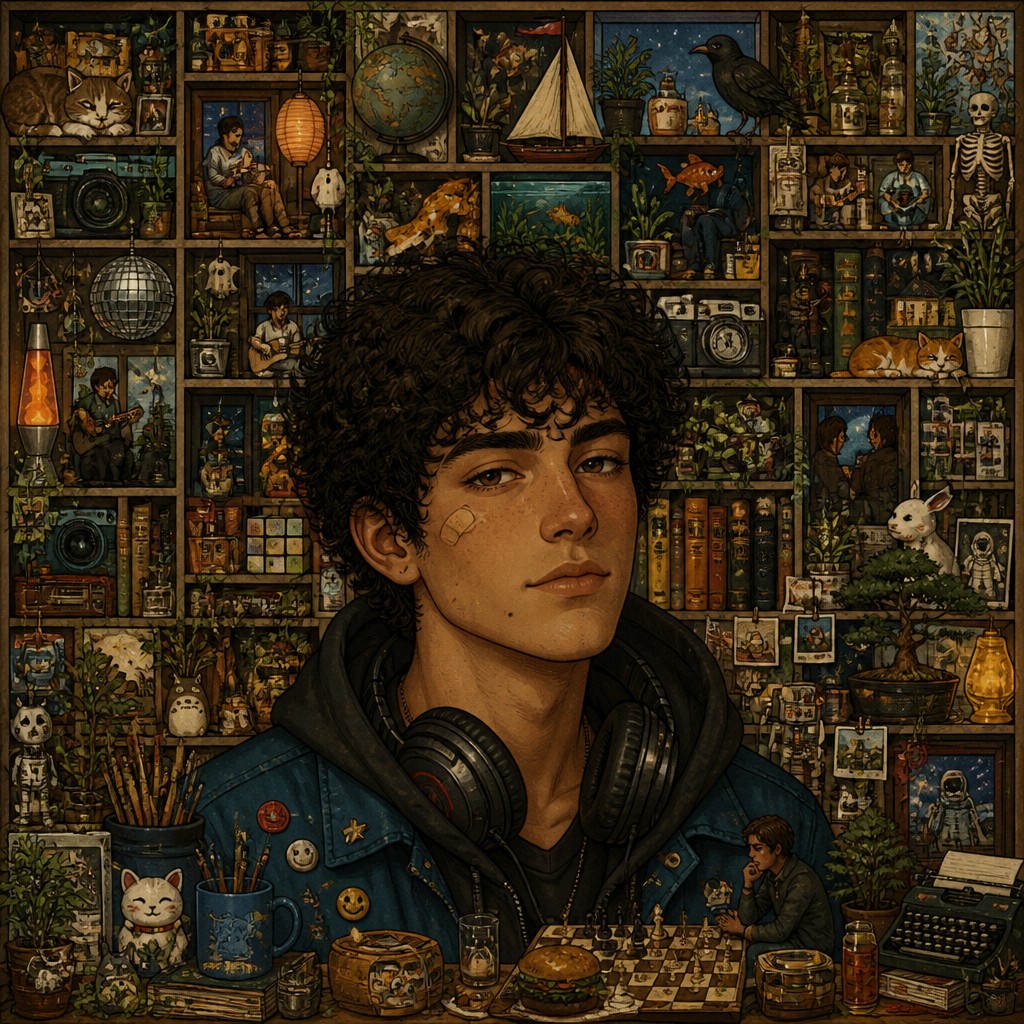 head-and-shoulders portrait of an original character: a young man with curly dark hair and headphones around his neck, plain backdrop, no text