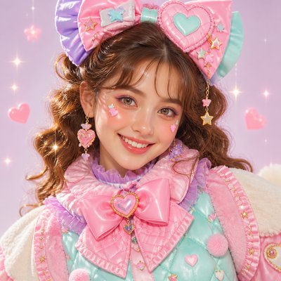 head-and-shoulders portrait of an original character: a young woman with wavy chestnut hair and a warm smile, plain soft backdrop
