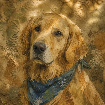 portrait of a golden retriever wearing a blue bandana, warm plain backdrop, no text