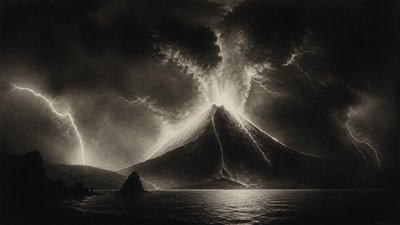 an erupting volcano with lightning strikes, dramatic wide composition, no text