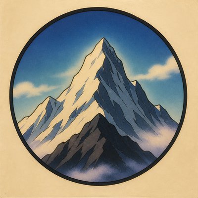 an emblem of a mountain peak inside a circle, simple bold shapes on a plain background, no text or lettering