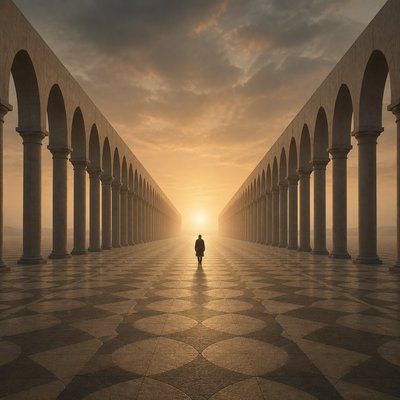 a solitary figure walking toward a glowing horizon across an empty plain, moody atmosphere, no text or lettering