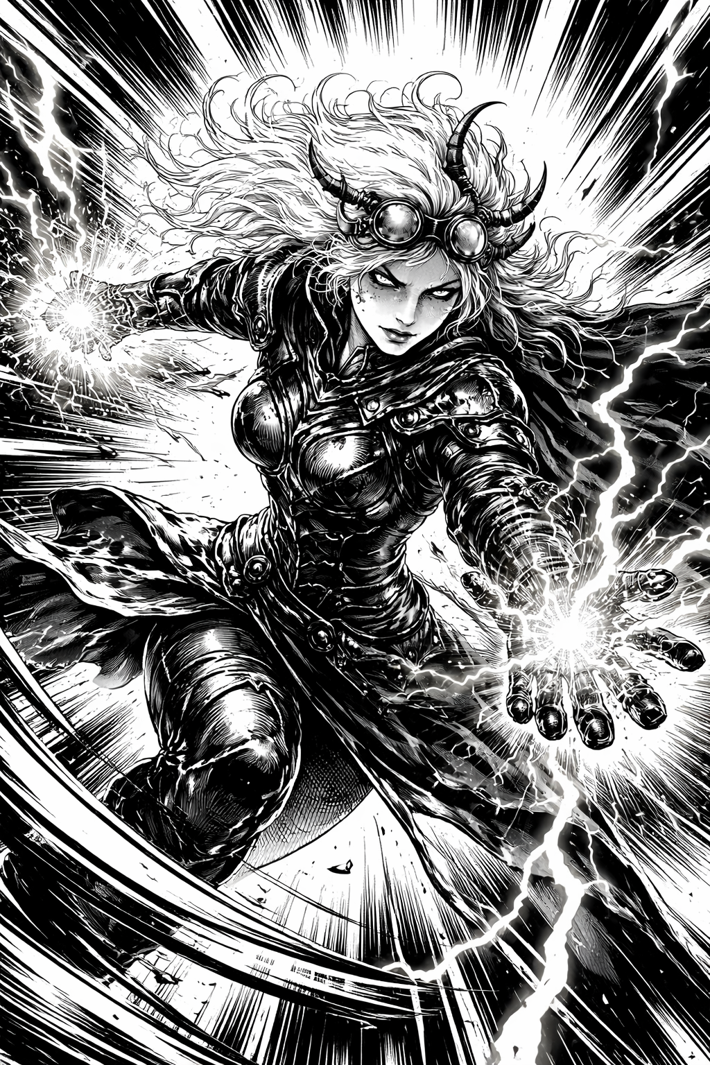 a black and white drawing of a woman with lightning