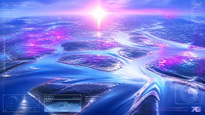 a wide river delta seen from above at sunset, no people