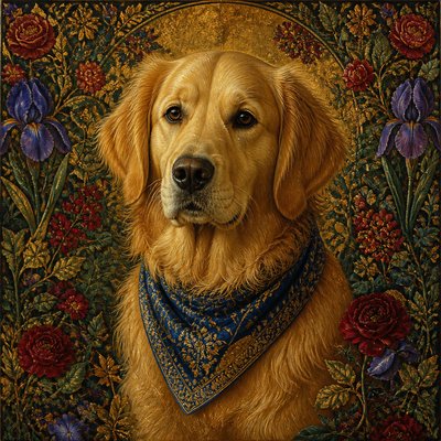 portrait of a golden retriever wearing a blue bandana, warm plain backdrop, no text